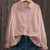 Women * | Deals Izuria Pink Ruffle-Accent Linen-Blend Button-Up Plus