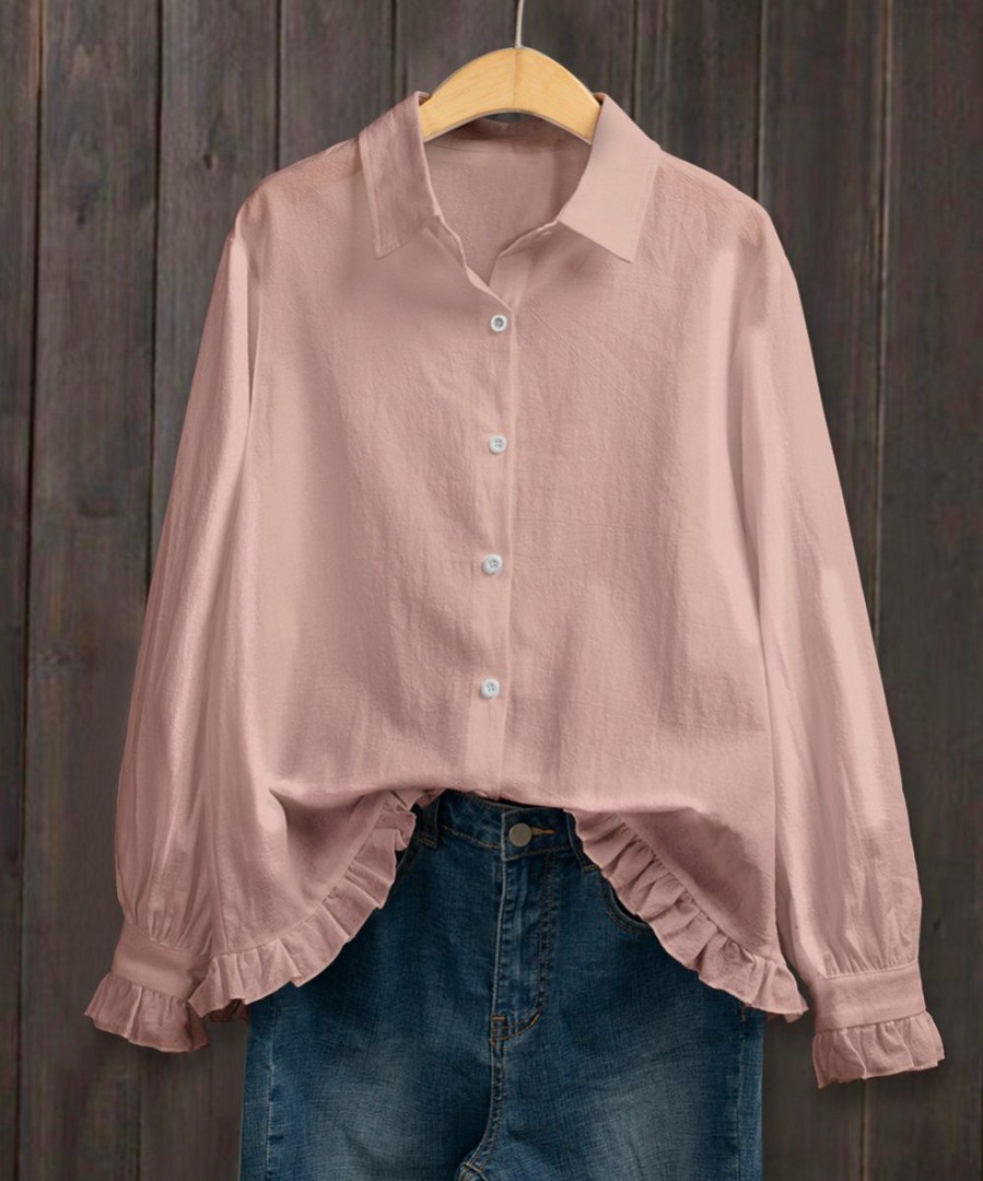 Women * | Deals Izuria Pink Ruffle-Accent Linen-Blend Button-Up Plus