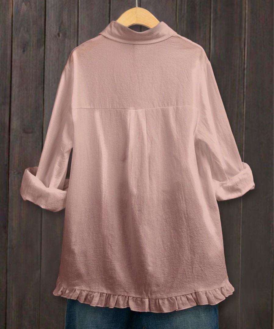 Women * | Deals Izuria Pink Ruffle-Accent Linen-Blend Button-Up Plus