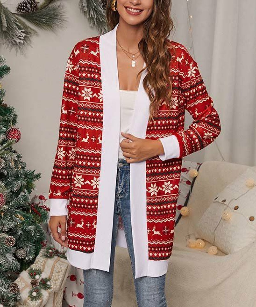 Women * | Best Deal Izuria White & Red Geometric Stripe Reindeer Longline Open Cardigan Women