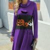 Womens Plus * | Deals Izuria Purple & Black Pumpkin Skull Long-Sleeve Cowl Neck Shift Dress Women