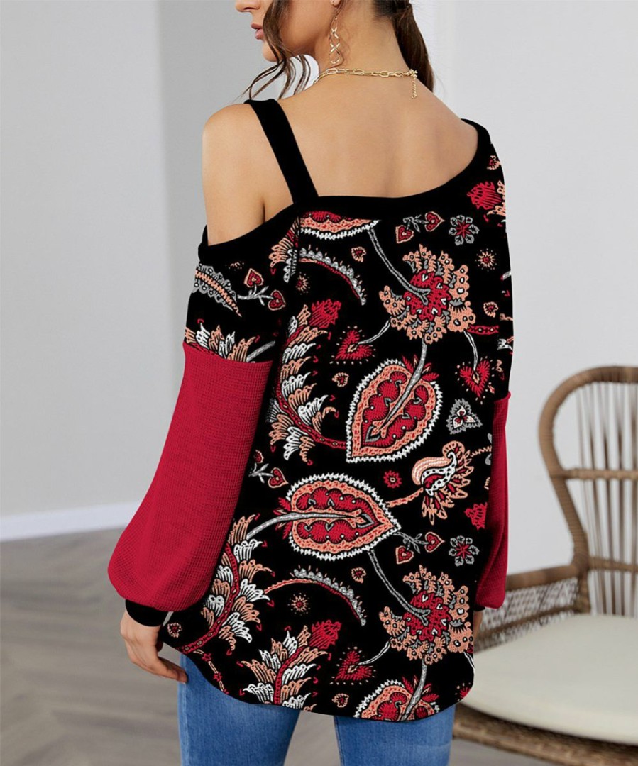 Womens Plus * | Cheapest Izuria Black & Red Floral Asymmetrical Top Plus