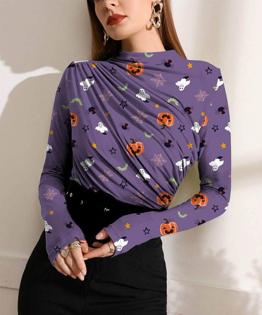 Womens Plus * | Cheapest Izuria Purple & Orange Pumpkin Ghost Ruched-Front Long-Sleeve Top Women