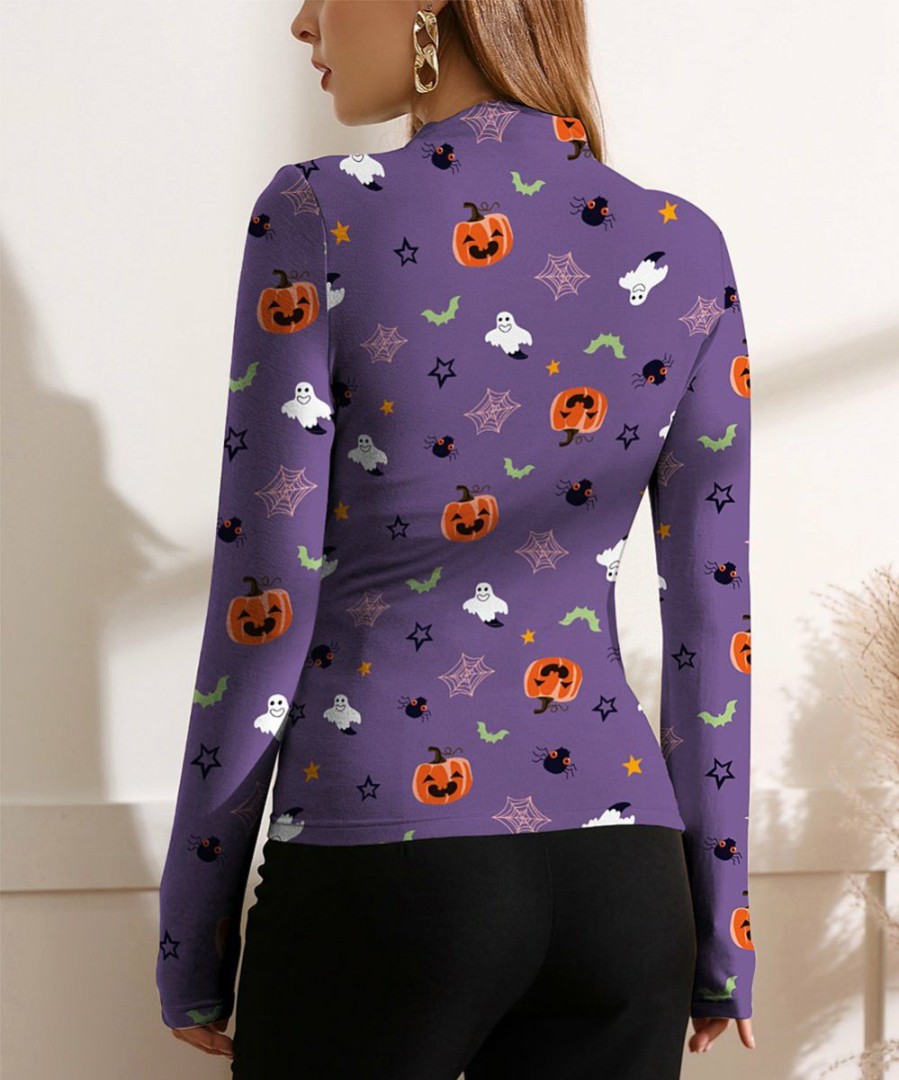 Womens Plus * | Cheapest Izuria Purple & Orange Pumpkin Ghost Ruched-Front Long-Sleeve Top Women