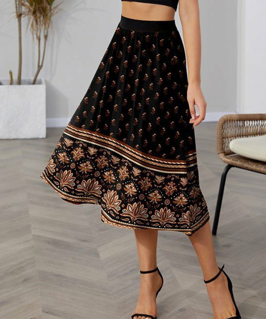 Women * | Discount Izuria Black & Brown Floral Midi Skirt Women