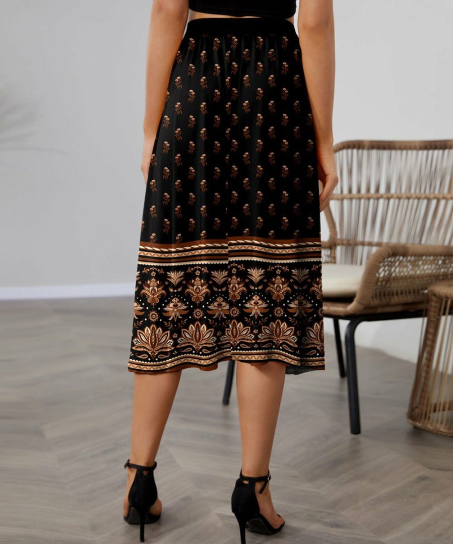 Women * | Discount Izuria Black & Brown Floral Midi Skirt Women