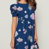 Women * | Wholesale Izuria Dark Blue & Orchid Floral Puff-Sleeve Shift Dress Plus