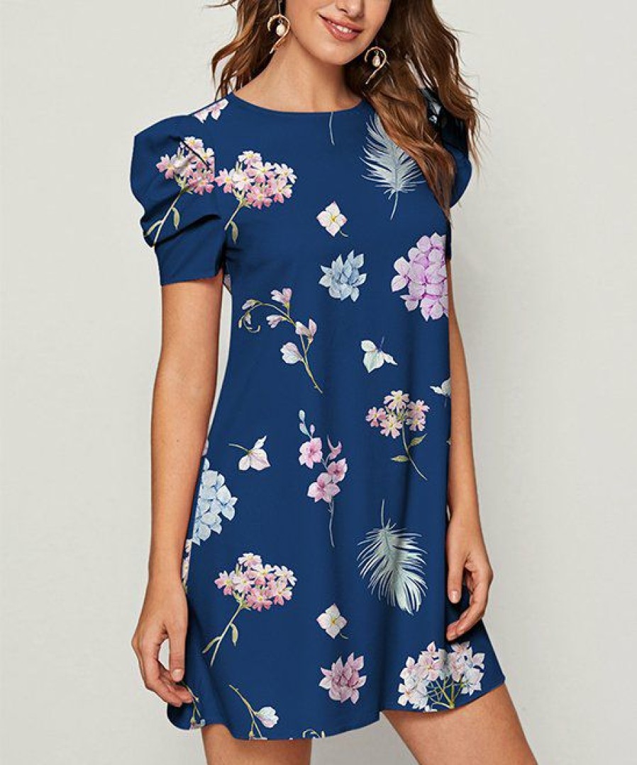 Women * | Wholesale Izuria Dark Blue & Orchid Floral Puff-Sleeve Shift Dress Plus