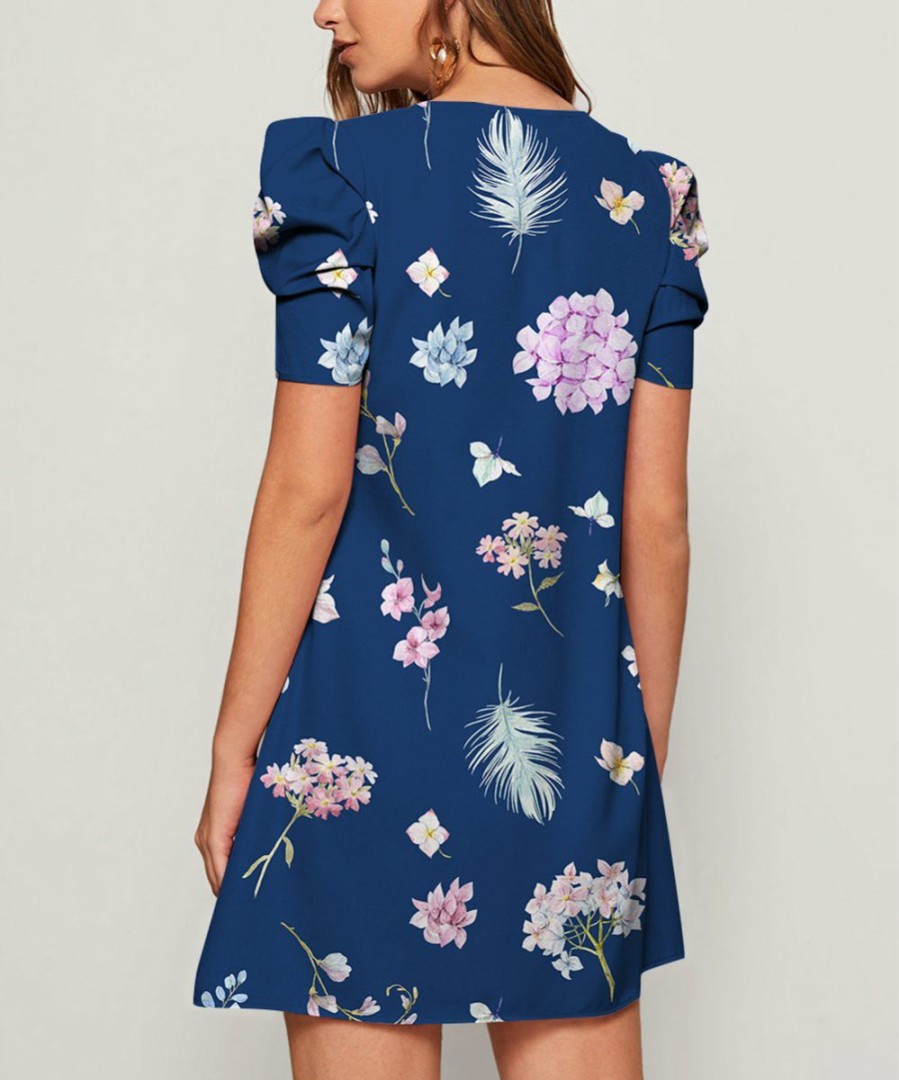 Women * | Wholesale Izuria Dark Blue & Orchid Floral Puff-Sleeve Shift Dress Plus