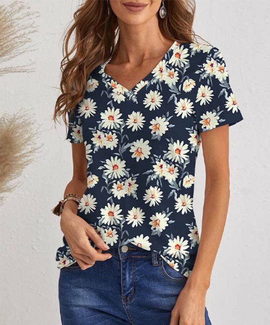 Women * | Promo Izuria Navy & White Floral Short-Sleeve V-Neck Tee Women