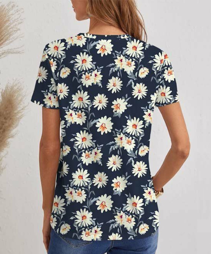 Women * | Promo Izuria Navy & White Floral Short-Sleeve V-Neck Tee Women