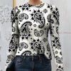 Womens Plus * | Cheapest Izuria White & Black Paisley Mutton-Sleeve Crewneck Top Women