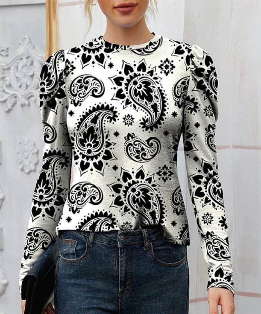 Womens Plus * | Cheapest Izuria White & Black Paisley Mutton-Sleeve Crewneck Top Women