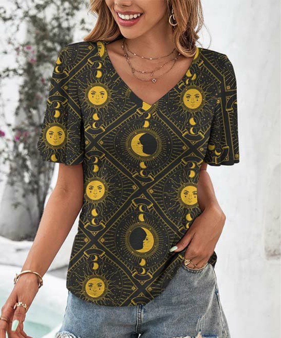 Womens Plus * | Best Sale Izuria Dark Gray Sun Moon Bell-Sleeve V-Neck Top Women