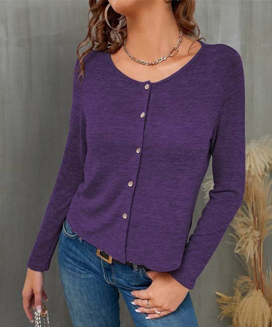 Women * | Buy Izuria Purple Button-Up Cardigan Plus