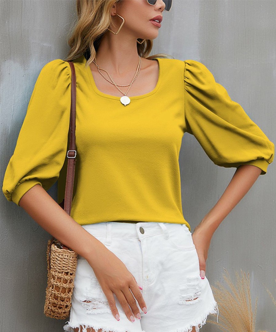 Womens Plus * | Budget Izuria Yellow Puff-Sleeve Square-Neck Top Women