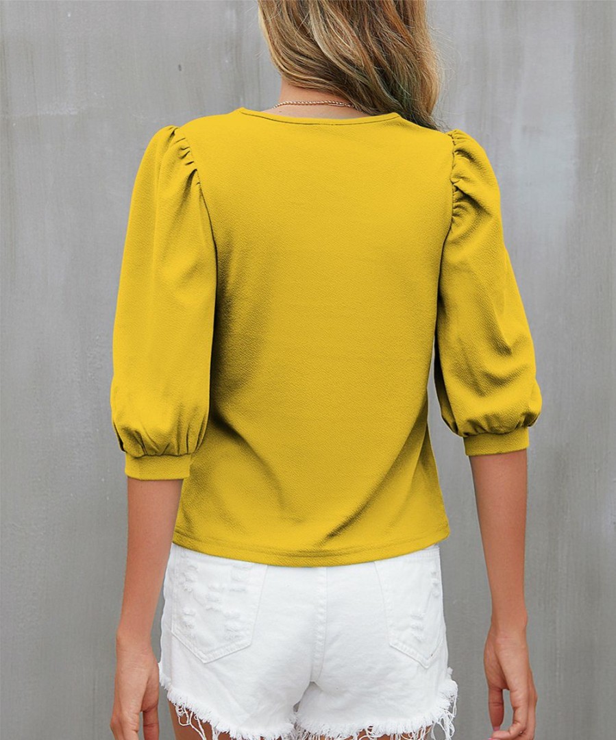 Womens Plus * | Budget Izuria Yellow Puff-Sleeve Square-Neck Top Women