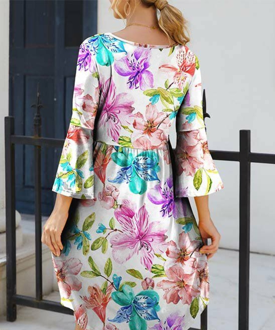 Women * | Discount Izuria Purple & Blue Floral Bell-Sleeve Empire-Waist Dress Women