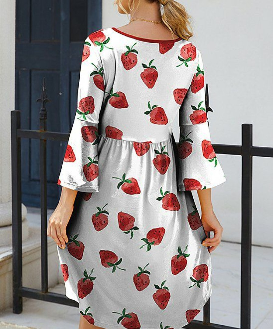 Womens Plus * | Discount Izuria White & Red Strawberry Bell-Sleeve Empire-Waist Dress Plus