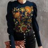 Women * | Cheapest Izuria Navy & Yellow Floral Button-Accent Balloon-Sleeve Top Women & Plus