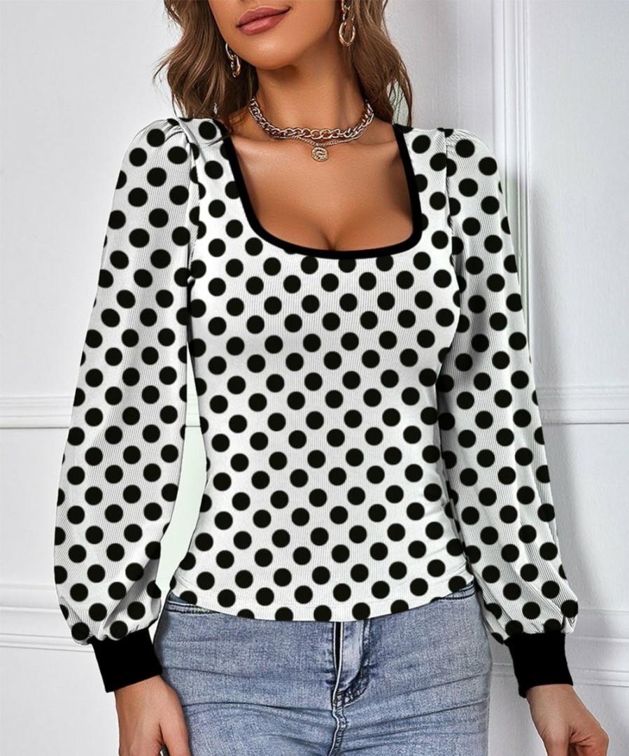 Other * | New Izuria White & Black Polka Dot Bishop-Sleeve Square Neck Top Women