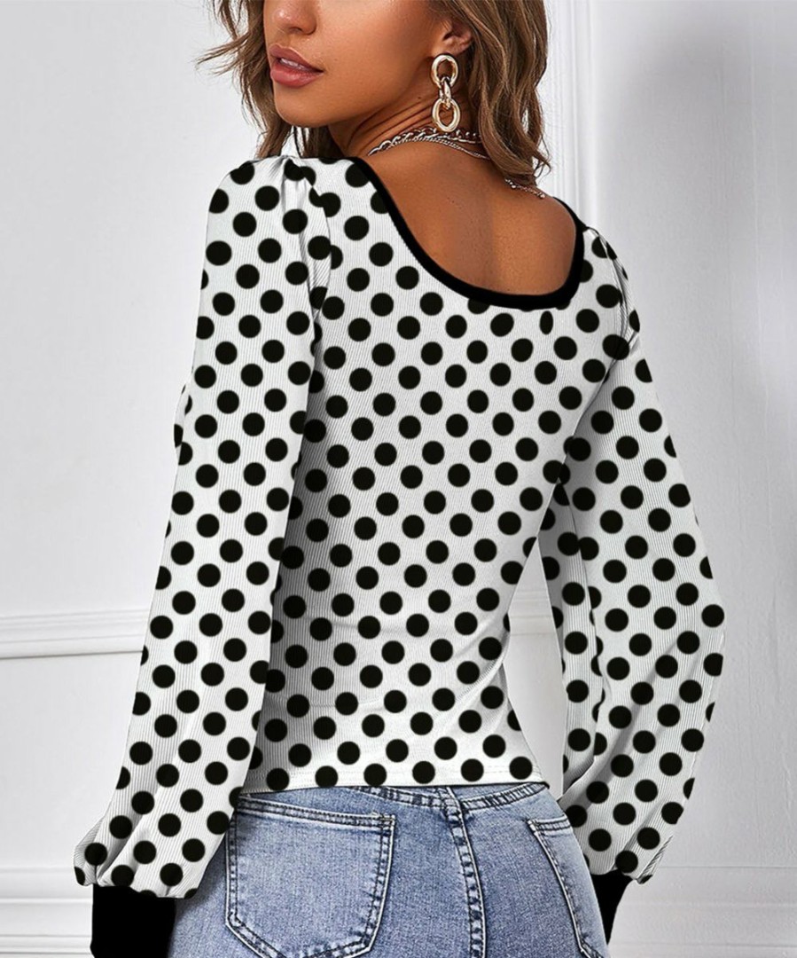 Other * | New Izuria White & Black Polka Dot Bishop-Sleeve Square Neck Top Women