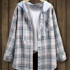 Women * | Buy Izuria Blue Plaid Pocket Hooded Button-Up Shacket Plus