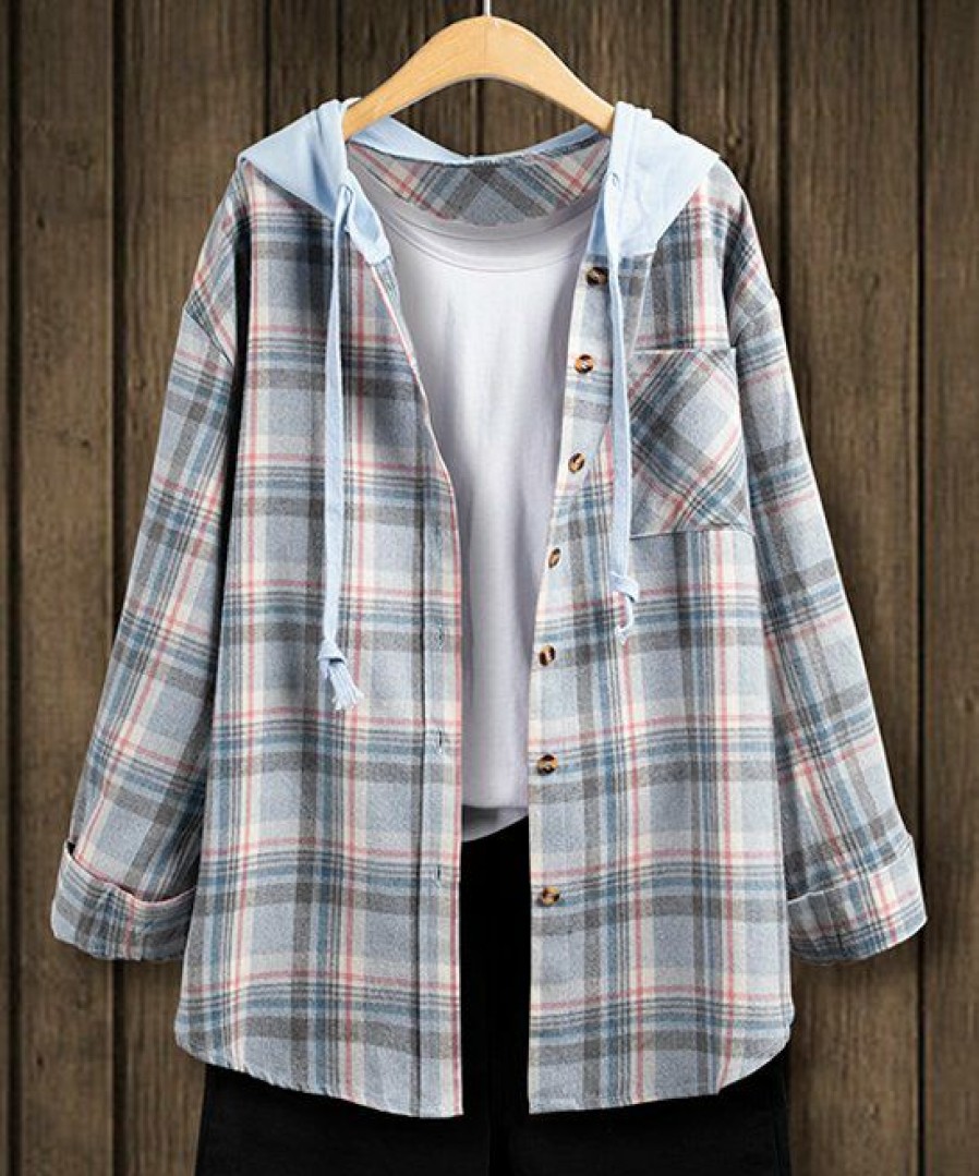 Women * | Buy Izuria Blue Plaid Pocket Hooded Button-Up Shacket Plus