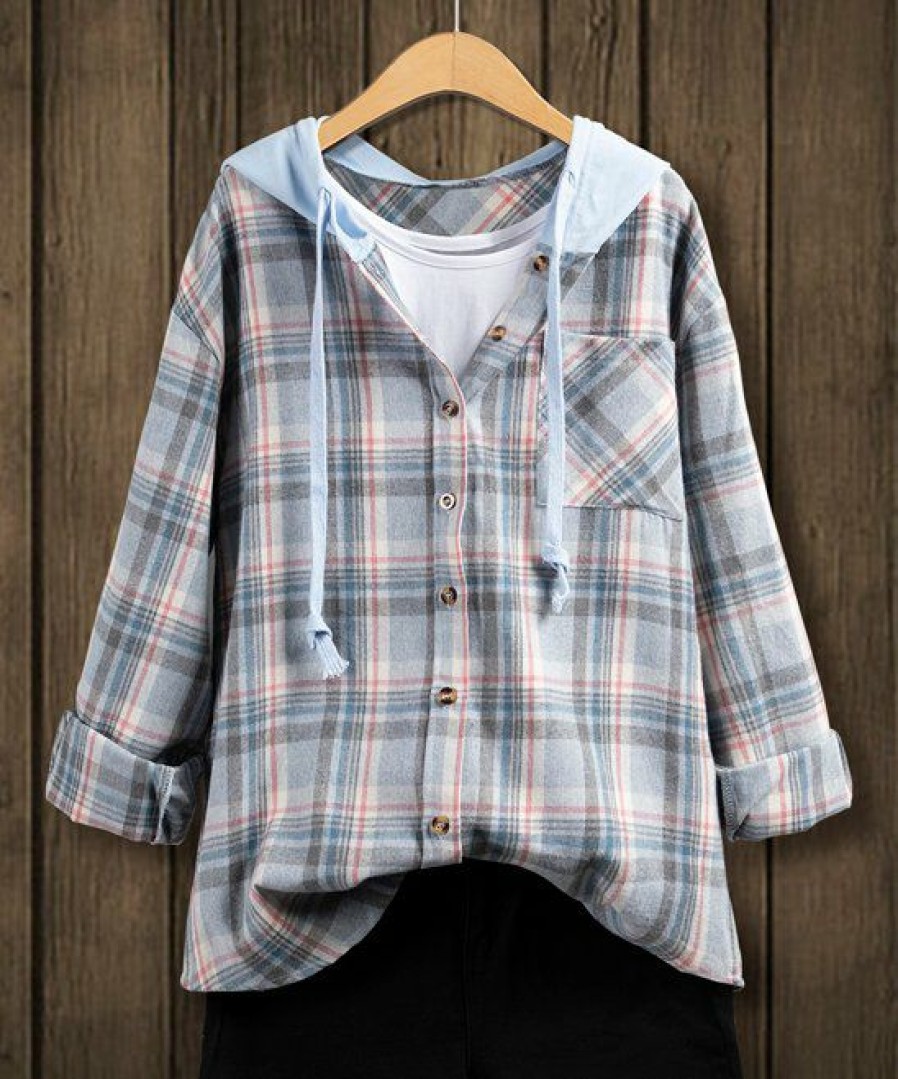 Women * | Buy Izuria Blue Plaid Pocket Hooded Button-Up Shacket Plus