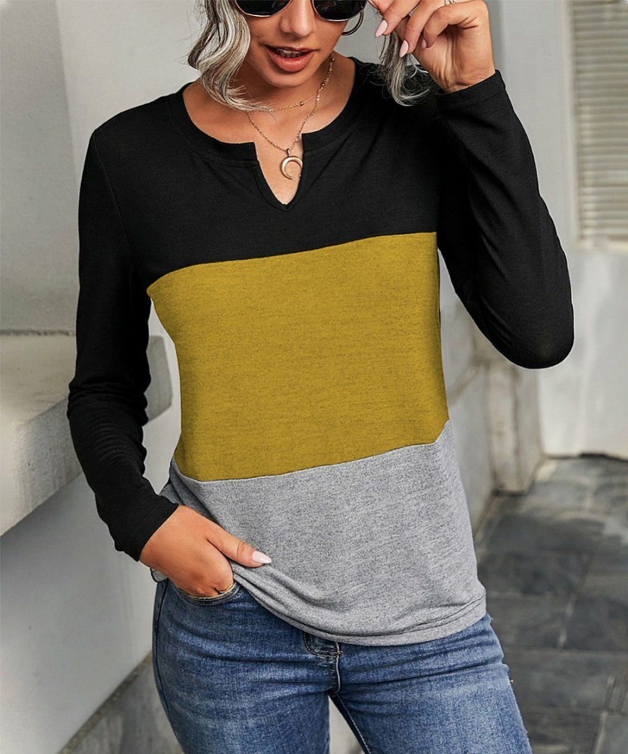 Womens Plus * | Cheapest Izuria Yellow & Gray Color Block Notch Neck Long-Sleeve Tee Women