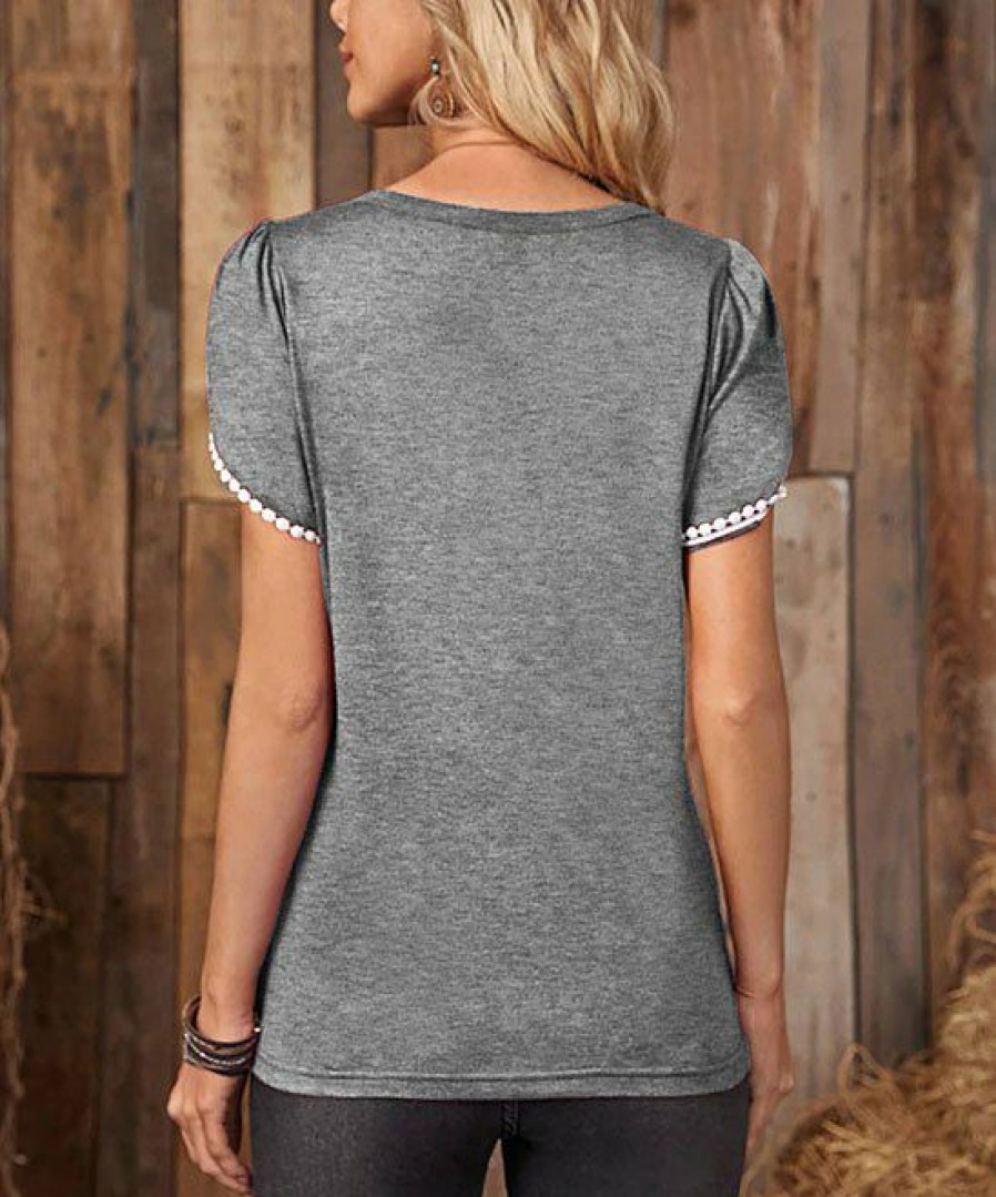 Women * | Hot Sale Izuria Gray & White Lace-Trim Cap-Sleeve Top Plus