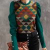 Women * | New Izuria Green & Yellow Geometric Button-Accent Mutton-Sleeve Top Plus