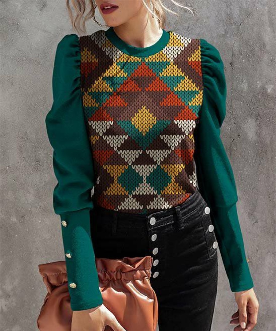 Women * | New Izuria Green & Yellow Geometric Button-Accent Mutton-Sleeve Top Plus