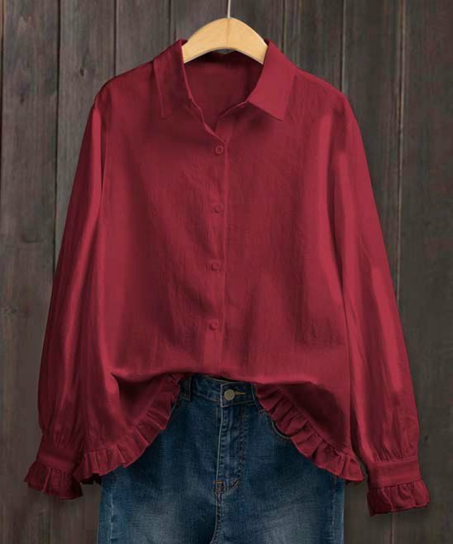 Women * | New Izuria Red Ruffle-Hem Linen-Blend Button-Up Women & Plus