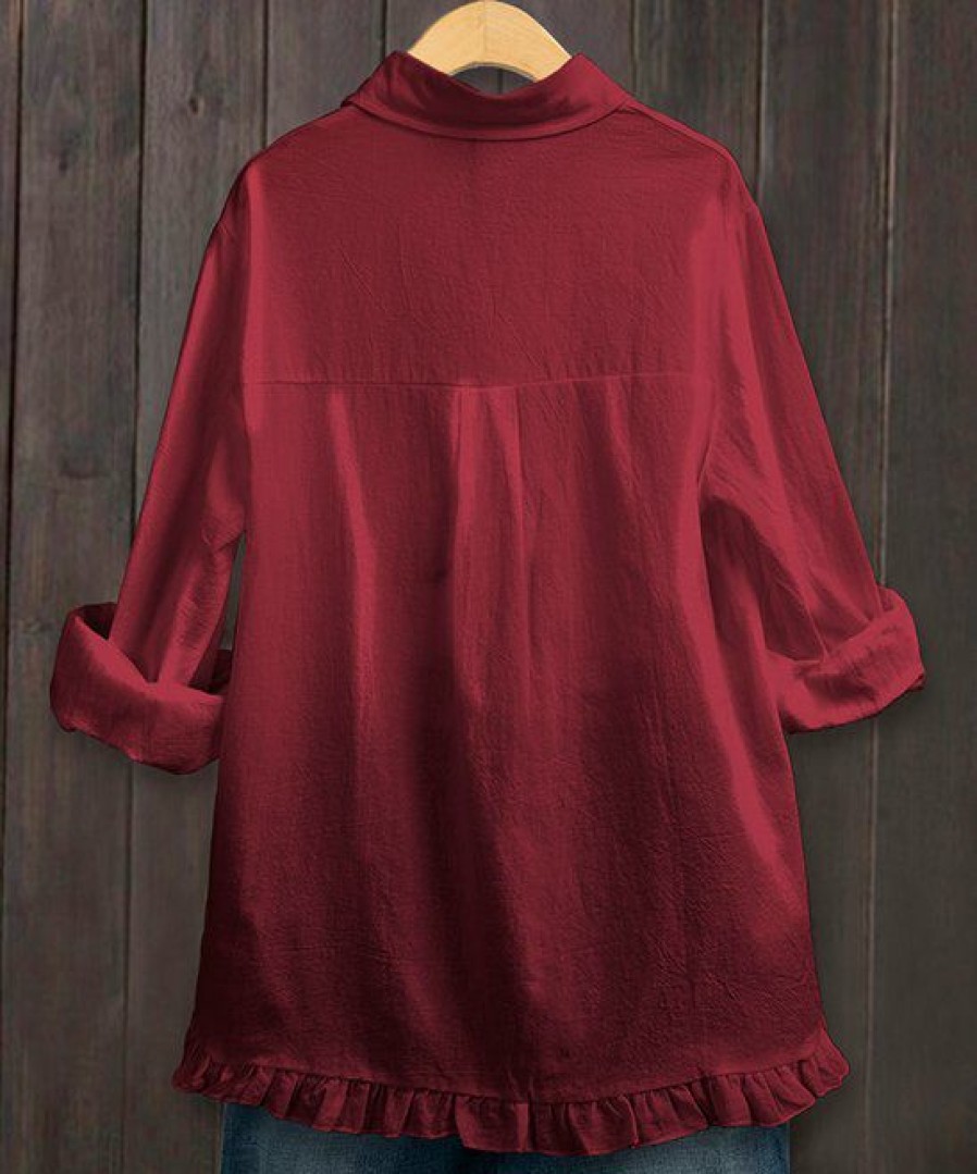 Women * | New Izuria Red Ruffle-Hem Linen-Blend Button-Up Women & Plus