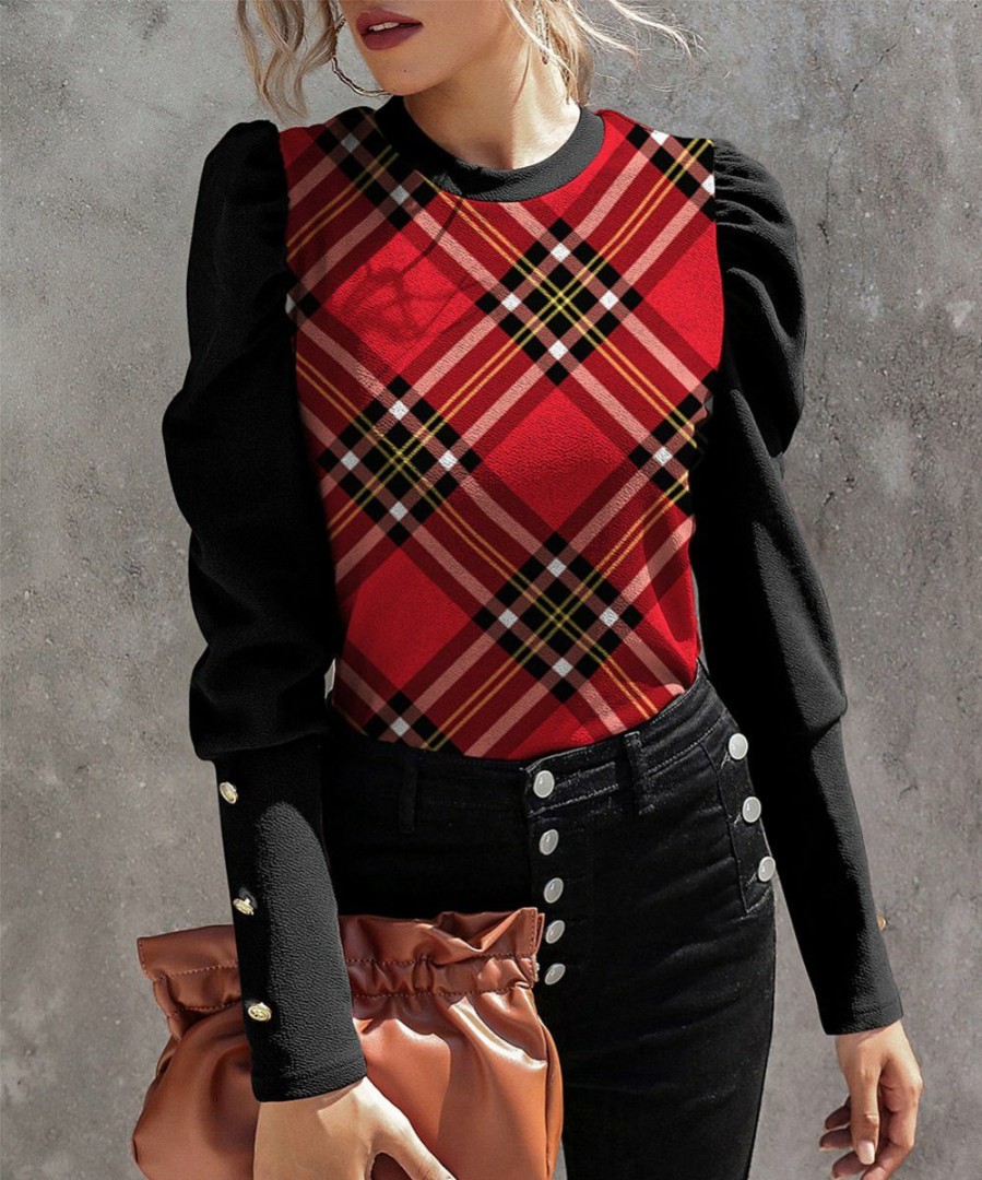 Womens Plus * | Cheapest Izuria Black & Red Tartan Contrast Button-Accent Puff-Sleeve Crewneck Top Plus