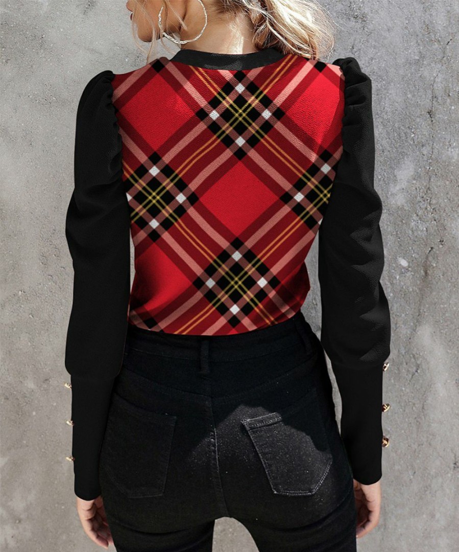 Womens Plus * | Cheapest Izuria Black & Red Tartan Contrast Button-Accent Puff-Sleeve Crewneck Top Plus