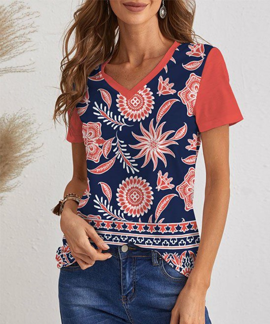 Women * | Cheap Izuria Navy & Coral Floral Short-Sleeve V-Neck Top Women