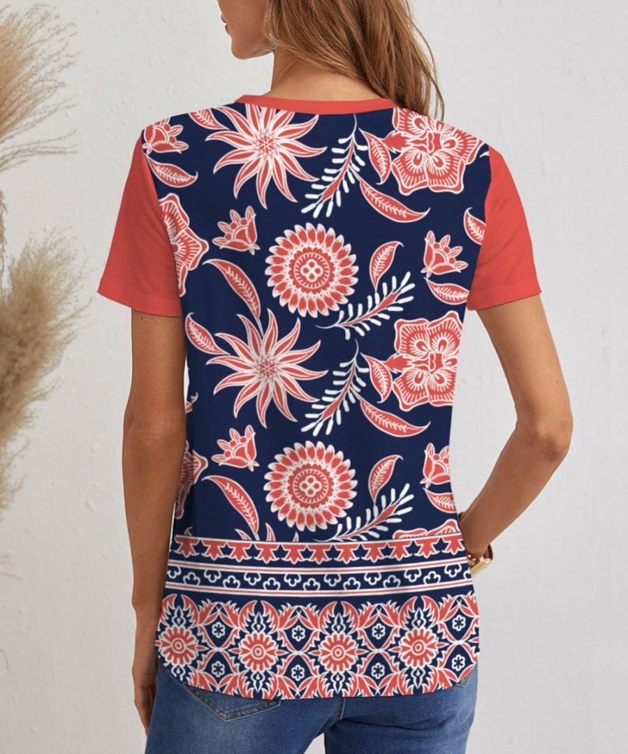 Women * | Cheap Izuria Navy & Coral Floral Short-Sleeve V-Neck Top Women