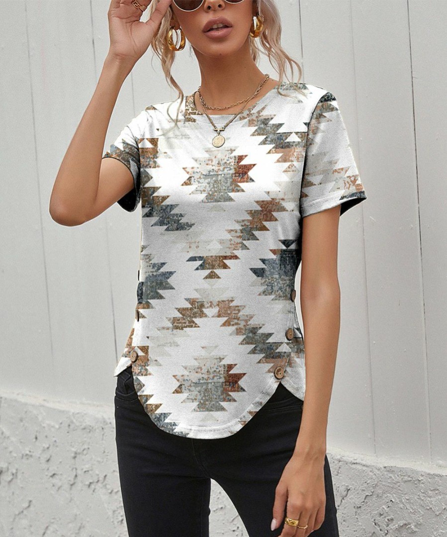 Womens Plus * | Outlet Izuria White & Coffee Geometric Button-Accent Tee Plus