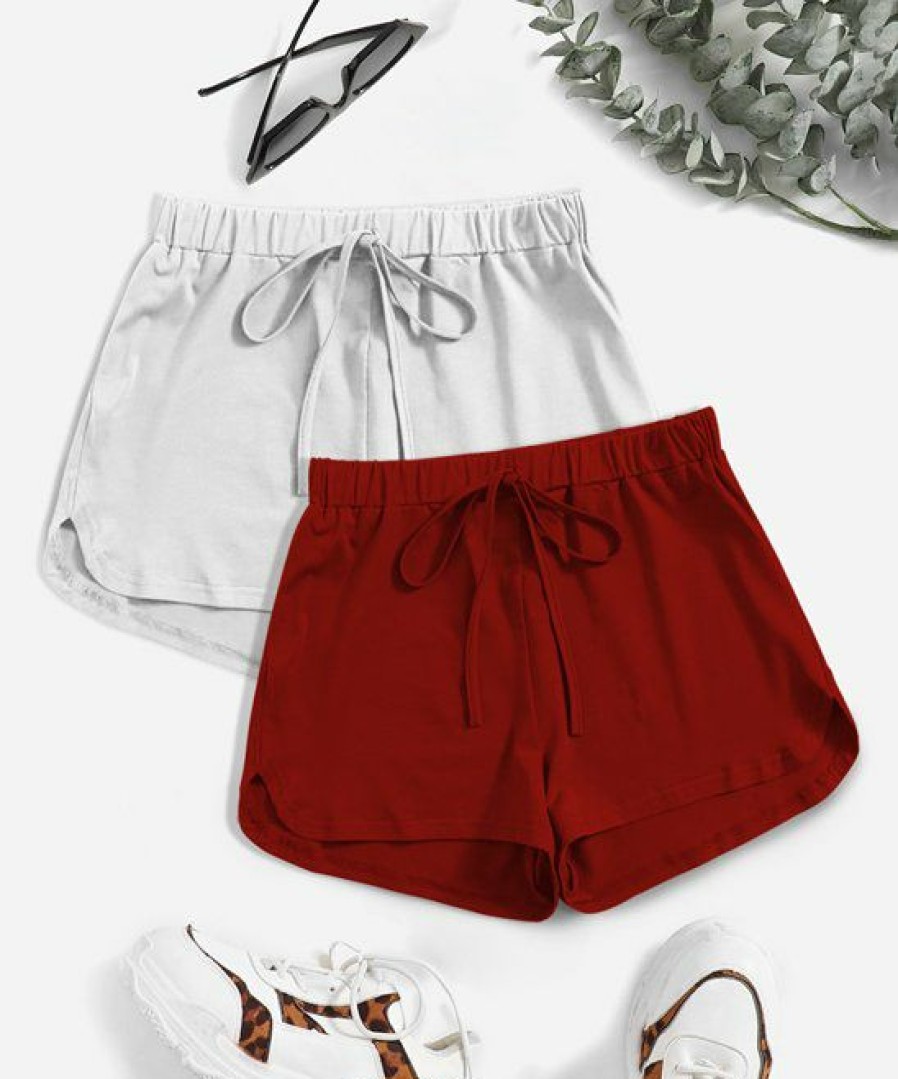 Women * | Coupon Izuria White & Red Drawstring Elastic-Waist Shorts Set Women