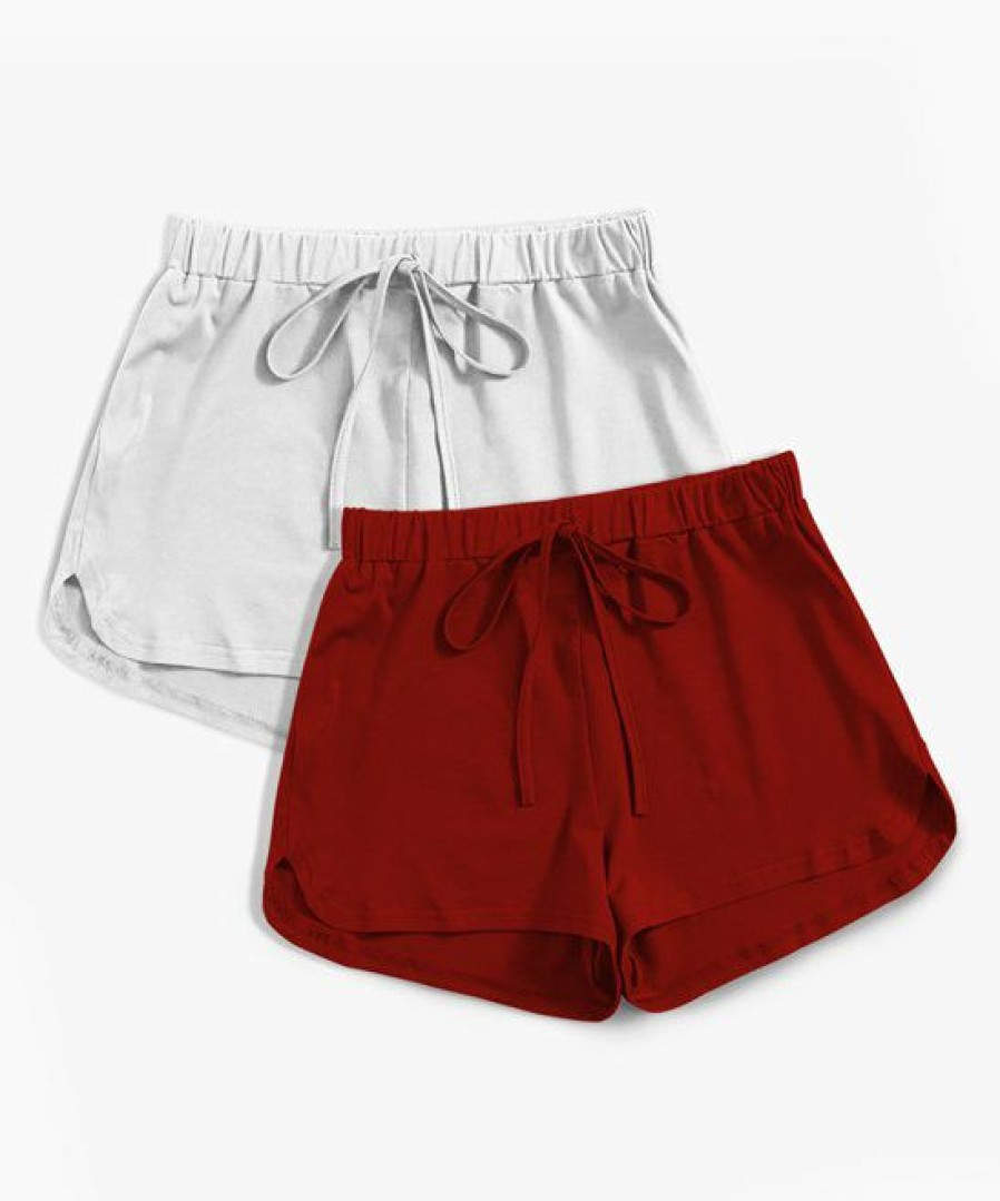 Women * | Coupon Izuria White & Red Drawstring Elastic-Waist Shorts Set Women