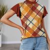 Womens Plus * | Flash Sale Izuria Wine & Orange Plaid Mock Neck Flutter-Sleeve Top Plus