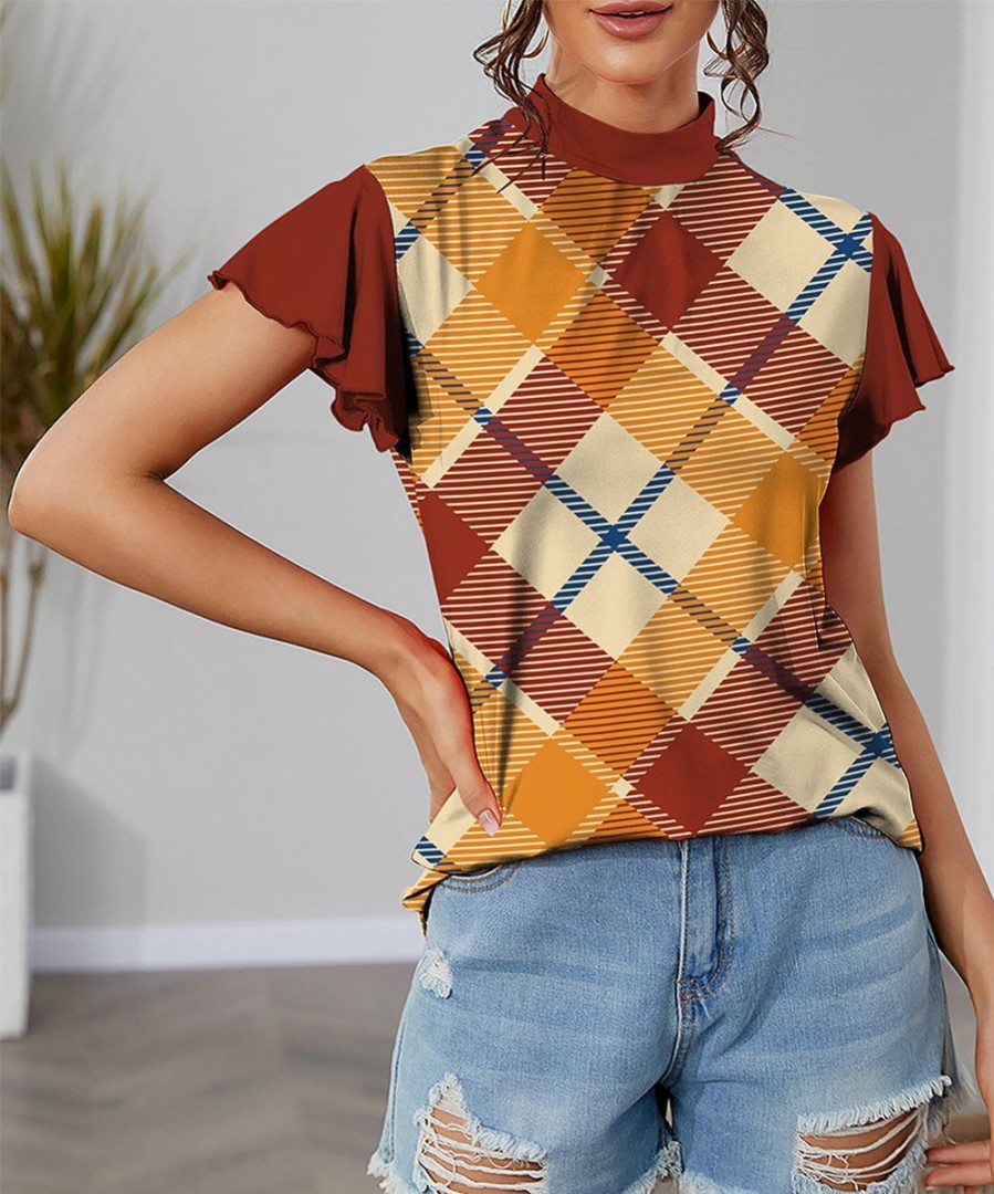 Womens Plus * | Flash Sale Izuria Wine & Orange Plaid Mock Neck Flutter-Sleeve Top Plus