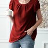 Women * | Promo Izuria Red Waffle-Knit Gathered-Neck Tulip-Sleeve Tee Women