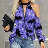 Womens Plus * | Flash Sale Izuria Purple & Black Bats Cutout Bishop Sleeve Surplice Top Women