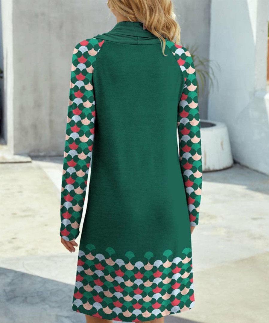 Women * | New Izuria Green & Red Geometric Contrast-Sleeve Cowl Neck Shift Dress Women