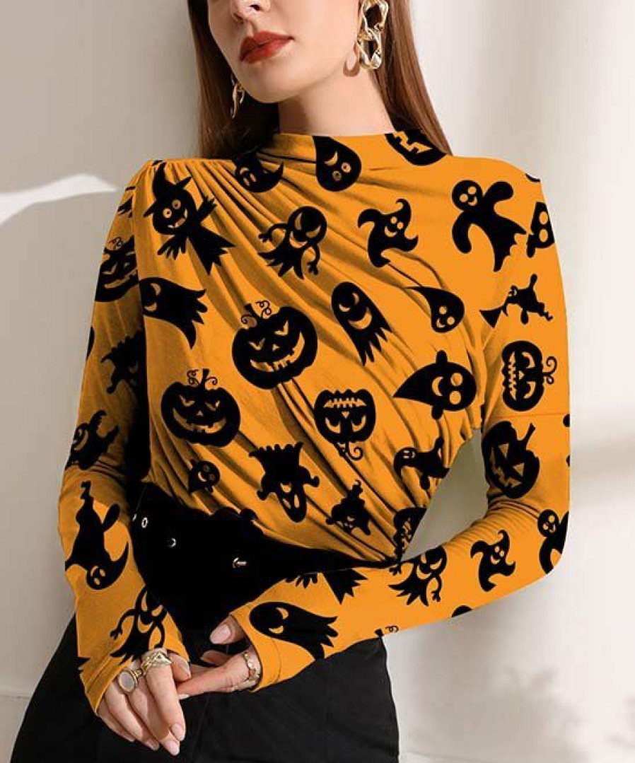 Womens Plus * | Wholesale Izuria Orange & Black Pumpkins & Ghosts Ruched-Front Long-Sleeve Top Women & Plus