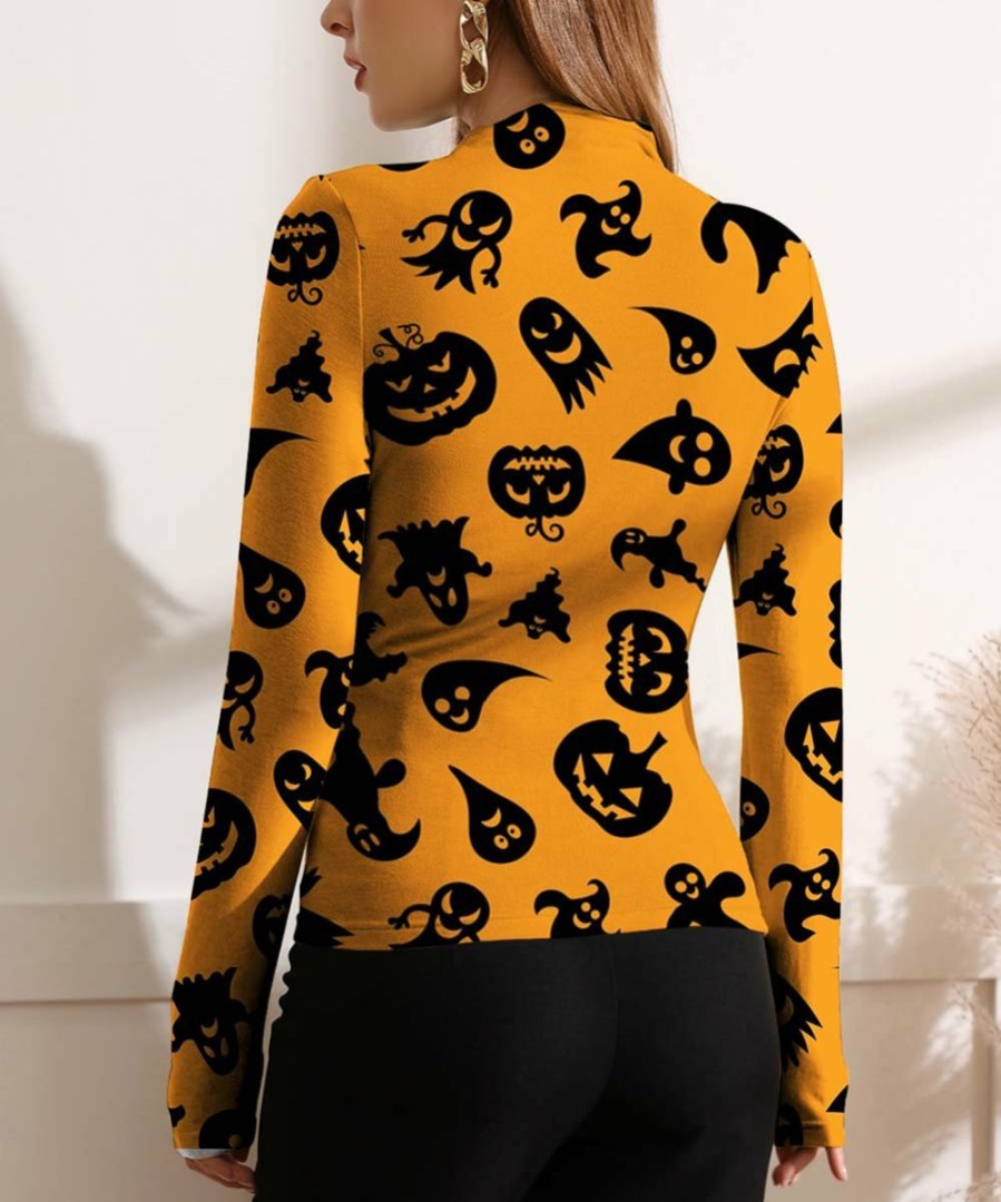 Womens Plus * | Wholesale Izuria Orange & Black Pumpkins & Ghosts Ruched-Front Long-Sleeve Top Women & Plus