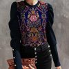 Women * | Cheap Izuria Blue & Pink Floral Button-Accent Balloon-Sleeve Top Women & Plus